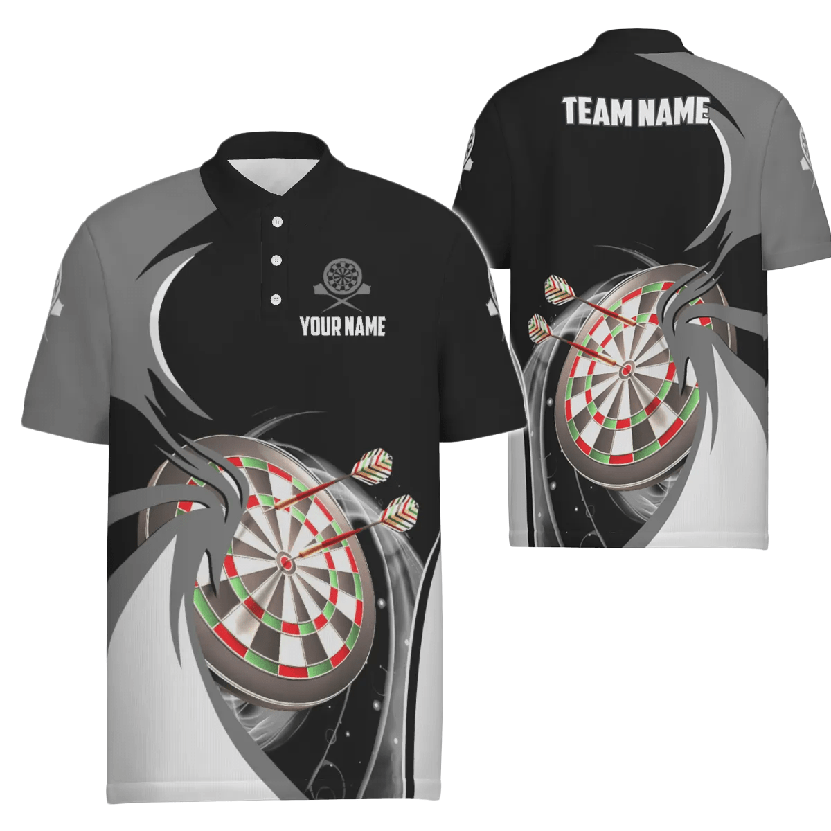 Personalisiertes grau-schwarzes Herren Darts Polo Shirt, individuell anpassbares Darts Shirt für Männer, Dart Trikots e5637 - Outfitsuche