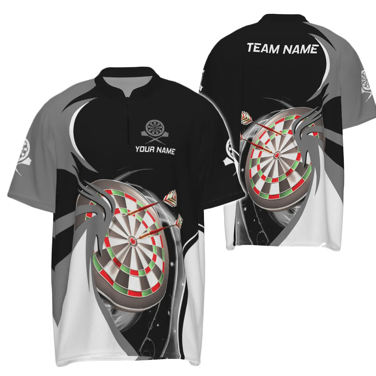 Personalisiertes grau-schwarzes Herren Darts Polo Shirt, individuell anpassbares Darts Shirt für Männer, Dart Trikots e5637 - Outfitsuche