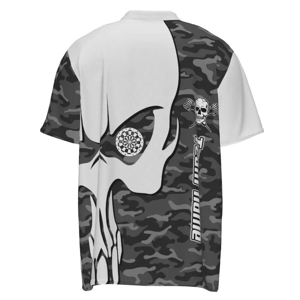 Personalisiertes graues Tarnmuster Totenkopf-Darts-Quarter-Zip-Shirt, individuell anpassbares Dart-Shirt für Herren, Dart-Trikot M636 - Outfitsuche