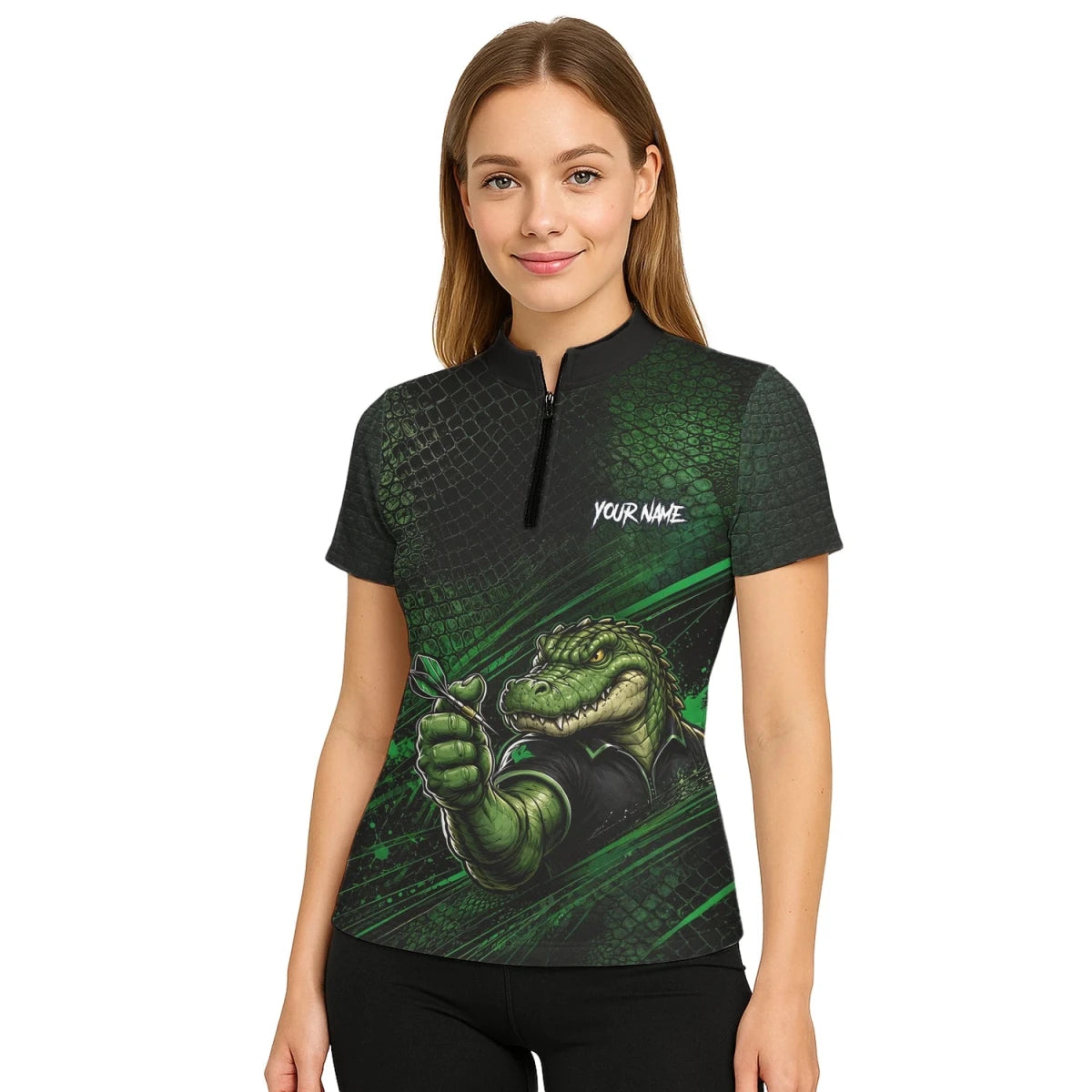 Personalisiertes Grün-schwarzes Alligator-Dartspieler-Dartshirt für Damen I987 - Outfitsuche