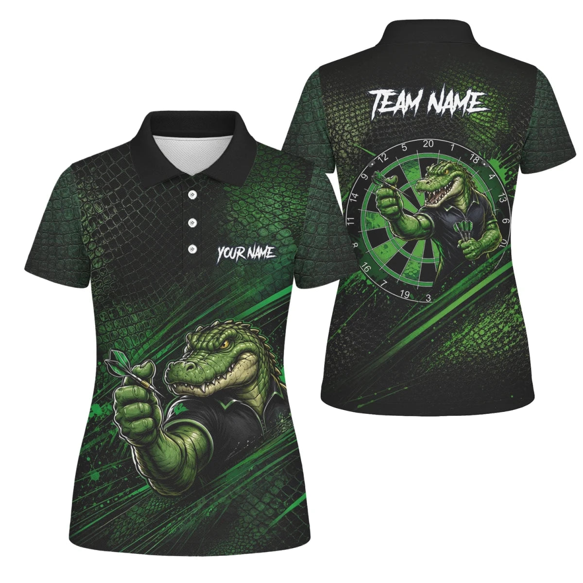 Personalisiertes Grün-schwarzes Alligator-Dartspieler-Dartshirt für Damen I987 - Outfitsuche