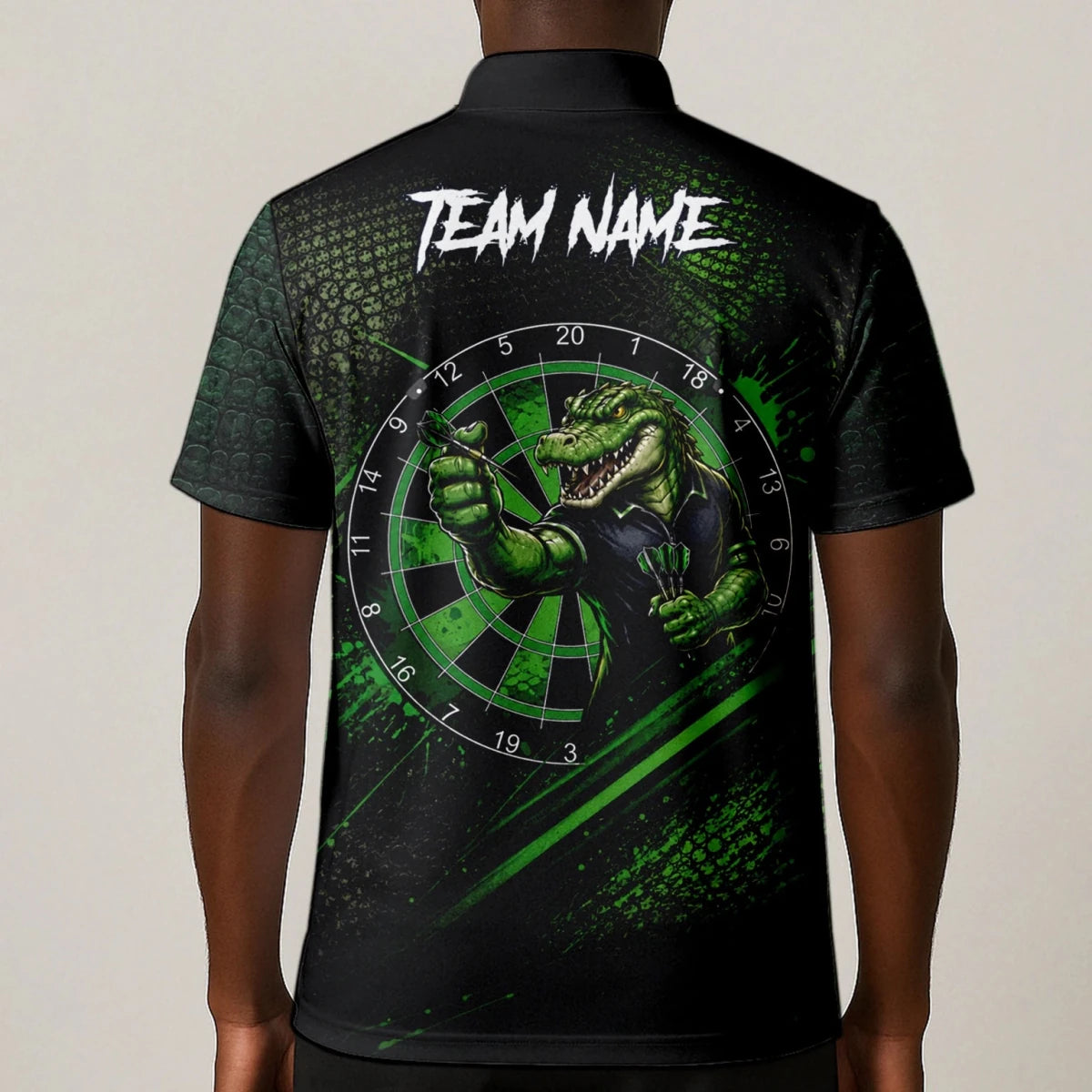 Personalisiertes Grün-schwarzes Alligator-Dartspieler-Dartshirt für Herren I987 - Outfitsuche