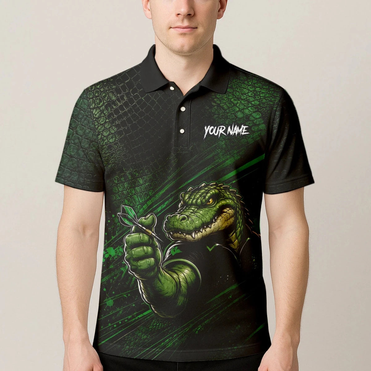Personalisiertes Grün-schwarzes Alligator-Dartspieler-Dartshirt für Herren I987 - Outfitsuche