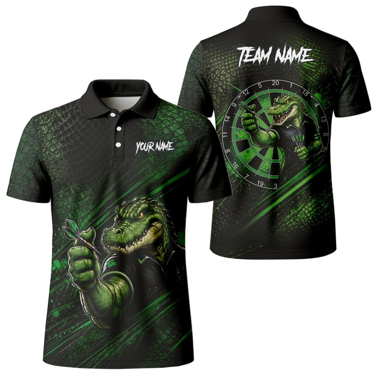 Personalisiertes Grün-schwarzes Alligator-Dartspieler-Dartshirt für Herren I987 - Outfitsuche