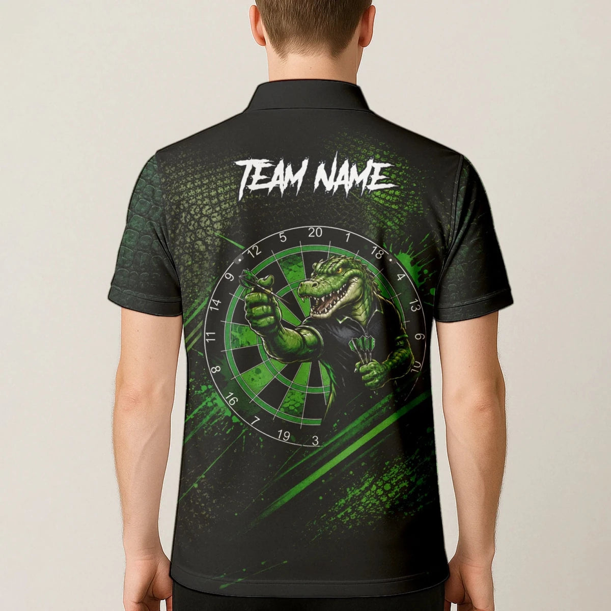 Personalisiertes Grün-schwarzes Alligator-Dartspieler-Dartshirt für Herren I987 - Outfitsuche