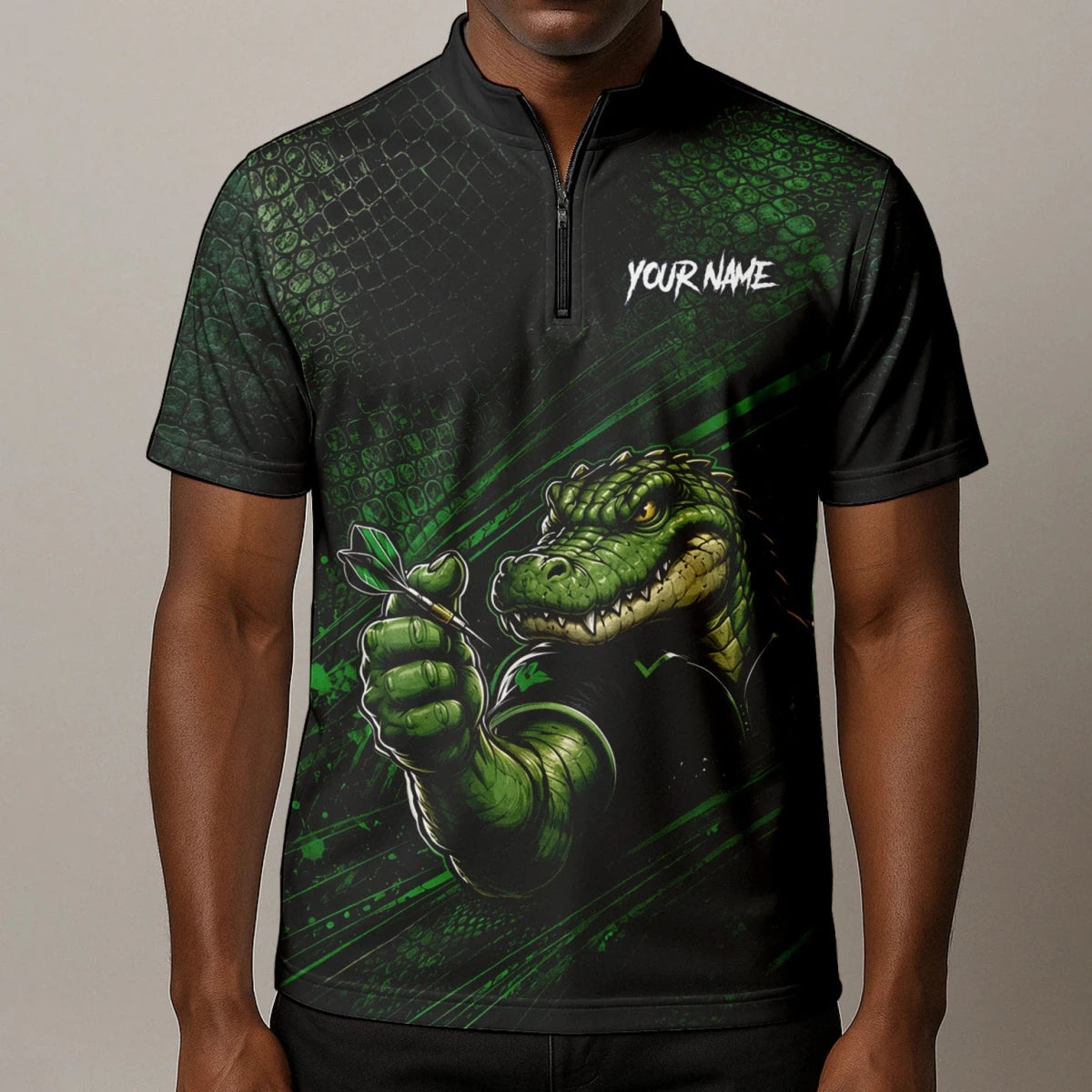 Personalisiertes Grün-schwarzes Alligator-Dartspieler-Dartshirt für Herren I987 - Outfitsuche