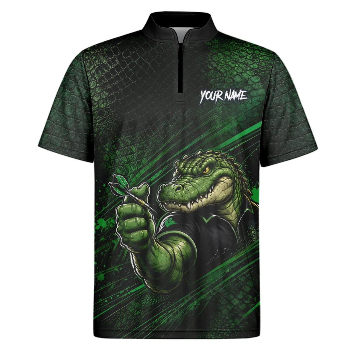Personalisiertes Grün-schwarzes Alligator-Dartspieler-Dartshirt für Herren I987 - Outfitsuche