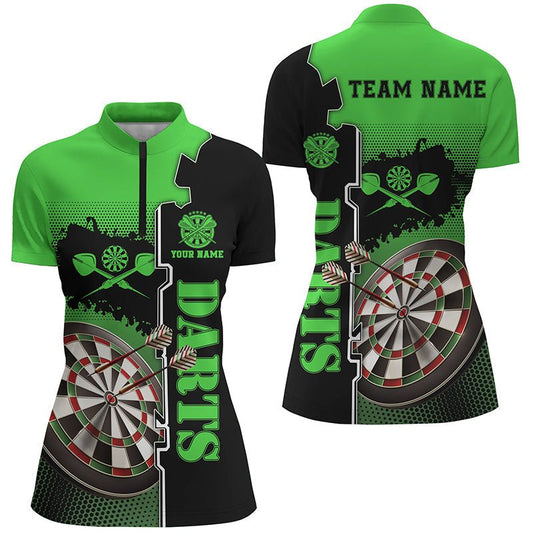 Personalisiertes Grünes Schwarzes Darts Quarter Zip Shirt | Damen Darts Trikot | Individuell Gestaltetes Darts Shirt | L1296 - Outfitsuche