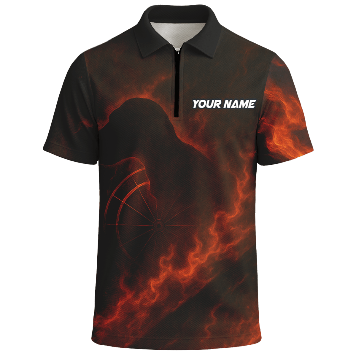 Personalisiertes Herren Dart Polo - Shirt - Flammen T - Rex & Teamname - Schwarz Orange - Outfitsuche