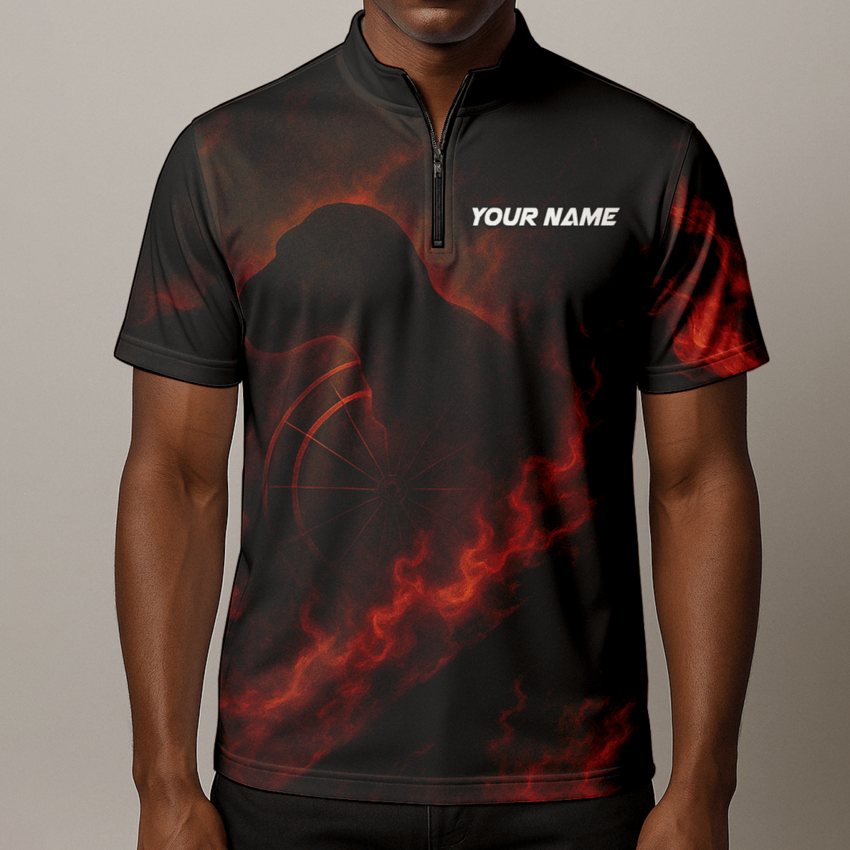 Personalisiertes Herren Dart Polo - Shirt - Flammen T - Rex & Teamname - Schwarz Orange - Outfitsuche