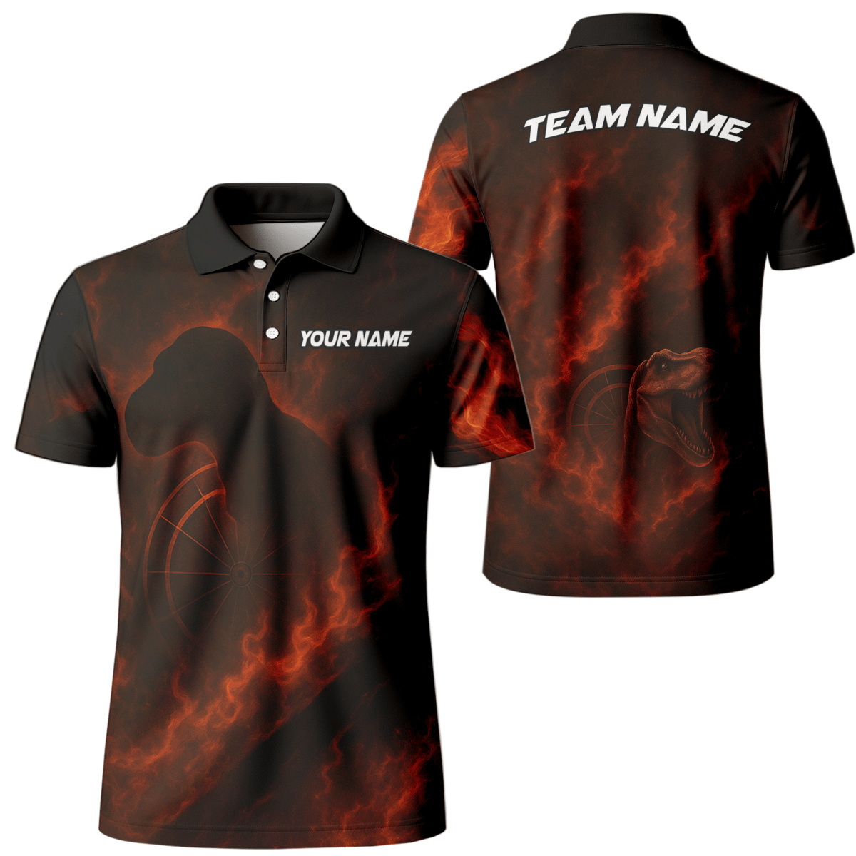 Personalisiertes Herren Dart Polo - Shirt - Flammen T - Rex & Teamname - Schwarz Orange - Outfitsuche