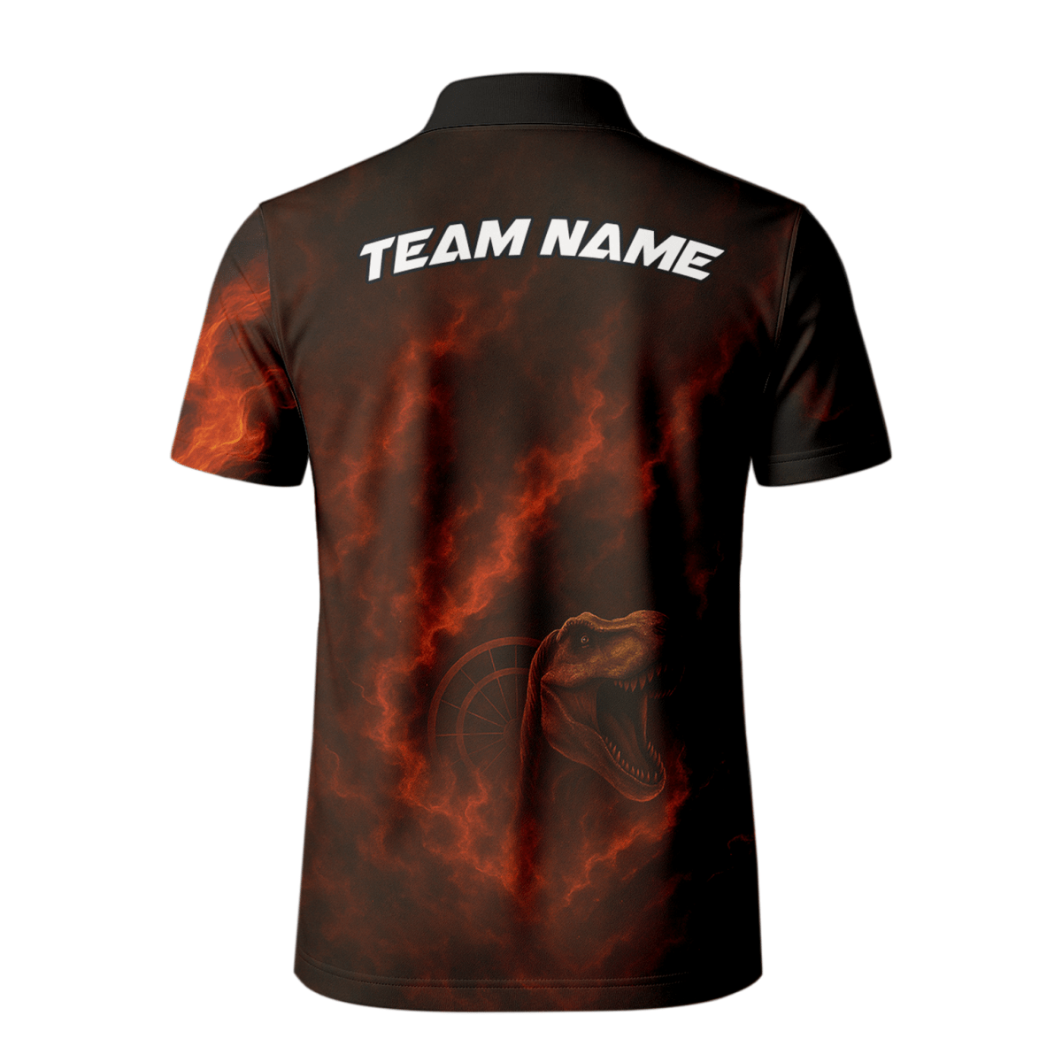 Personalisiertes Herren Dart Polo - Shirt - Flammen T - Rex & Teamname - Schwarz Orange - Outfitsuche