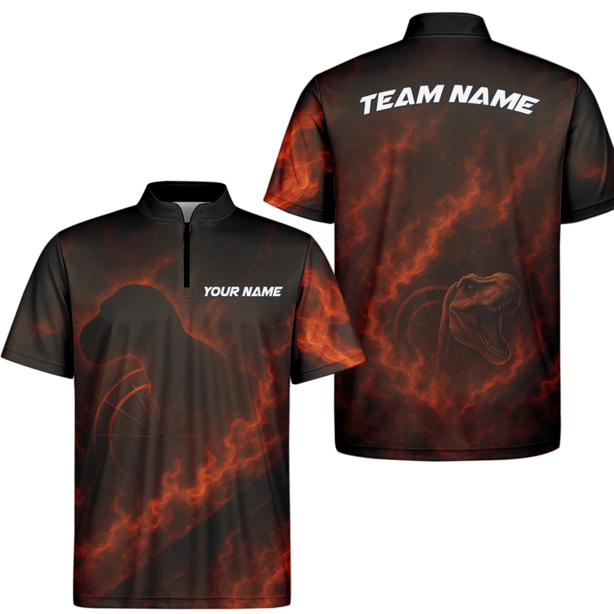 Personalisiertes Herren Dart Polo - Shirt - Flammen T - Rex & Teamname - Schwarz Orange - Outfitsuche