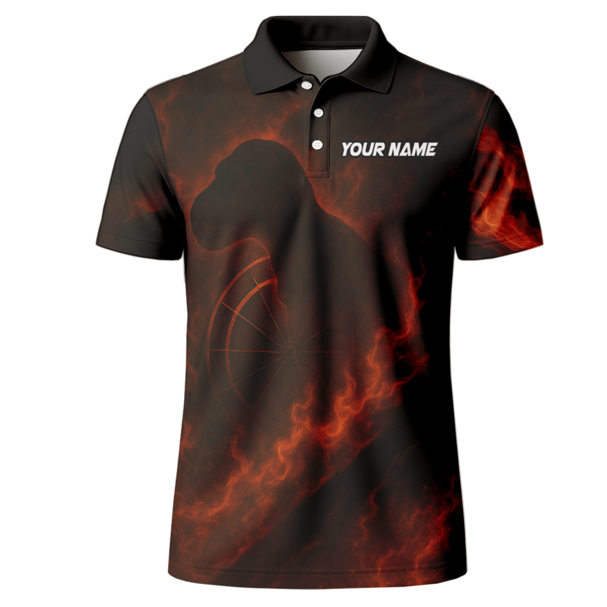 Personalisiertes Herren Dart Polo - Shirt - Flammen T - Rex & Teamname - Schwarz Orange - Outfitsuche