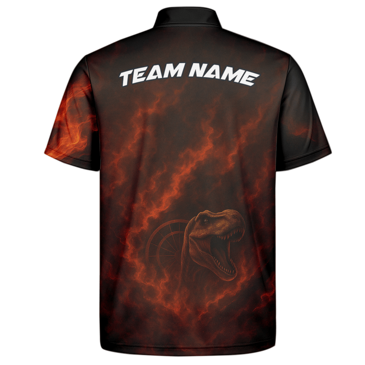 Personalisiertes Herren Dart Polo - Shirt - Flammen T - Rex & Teamname - Schwarz Orange - Outfitsuche