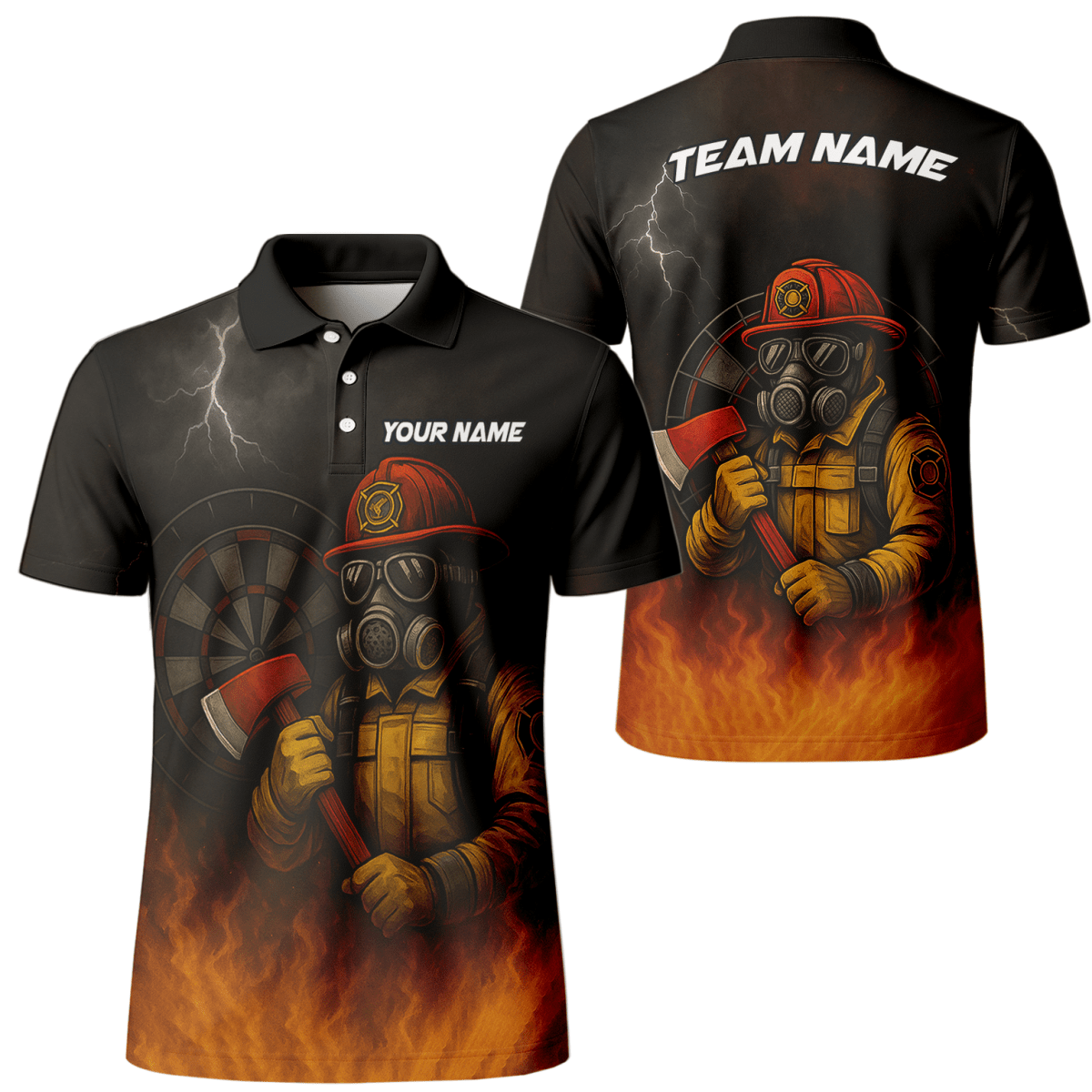 Personalisiertes Herren Dart Poloshirt Feuerwehr Axt Feuer Motiv Schwarz Orange mit eigenem Namen Team L4202 - Outfitsuche