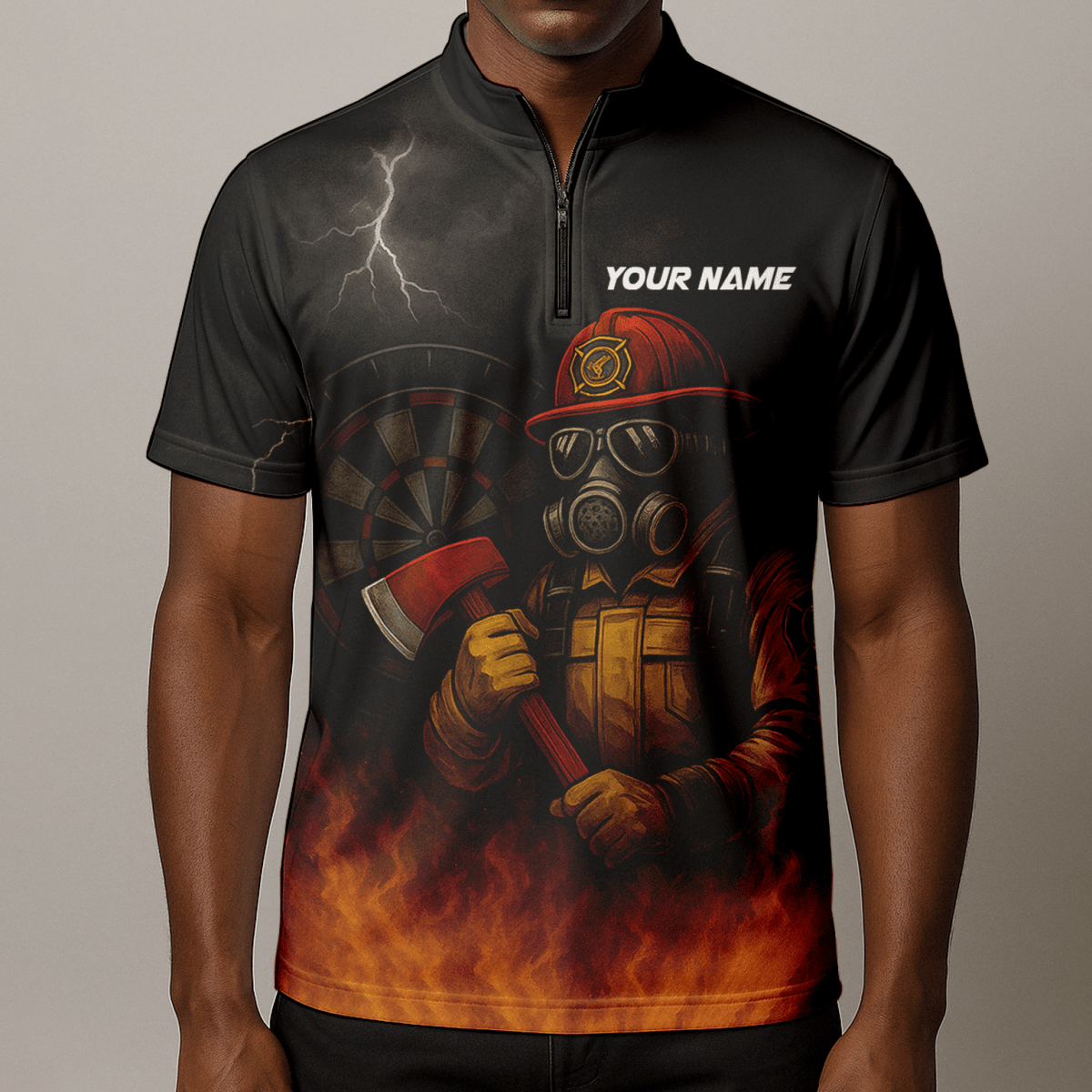 Personalisiertes Herren Dart Poloshirt Feuerwehr Axt Feuer Motiv Schwarz Orange mit eigenem Namen Team L4202 - Outfitsuche