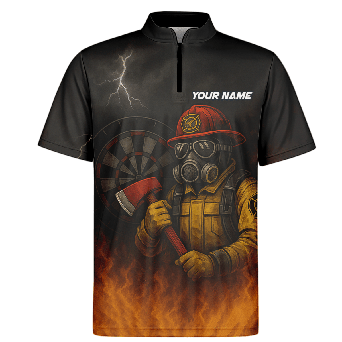 Personalisiertes Herren Dart Poloshirt Feuerwehr Axt Feuer Motiv Schwarz Orange mit eigenem Namen Team L4202 - Outfitsuche