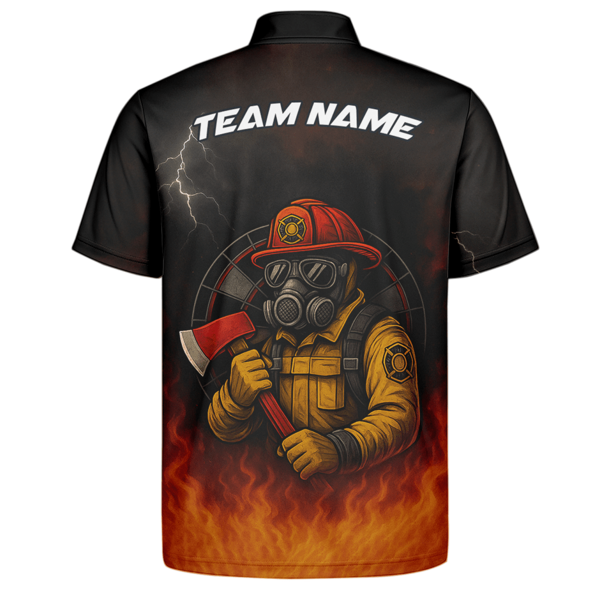 Personalisiertes Herren Dart Poloshirt Feuerwehr Axt Feuer Motiv Schwarz Orange mit eigenem Namen Team L4202 - Outfitsuche
