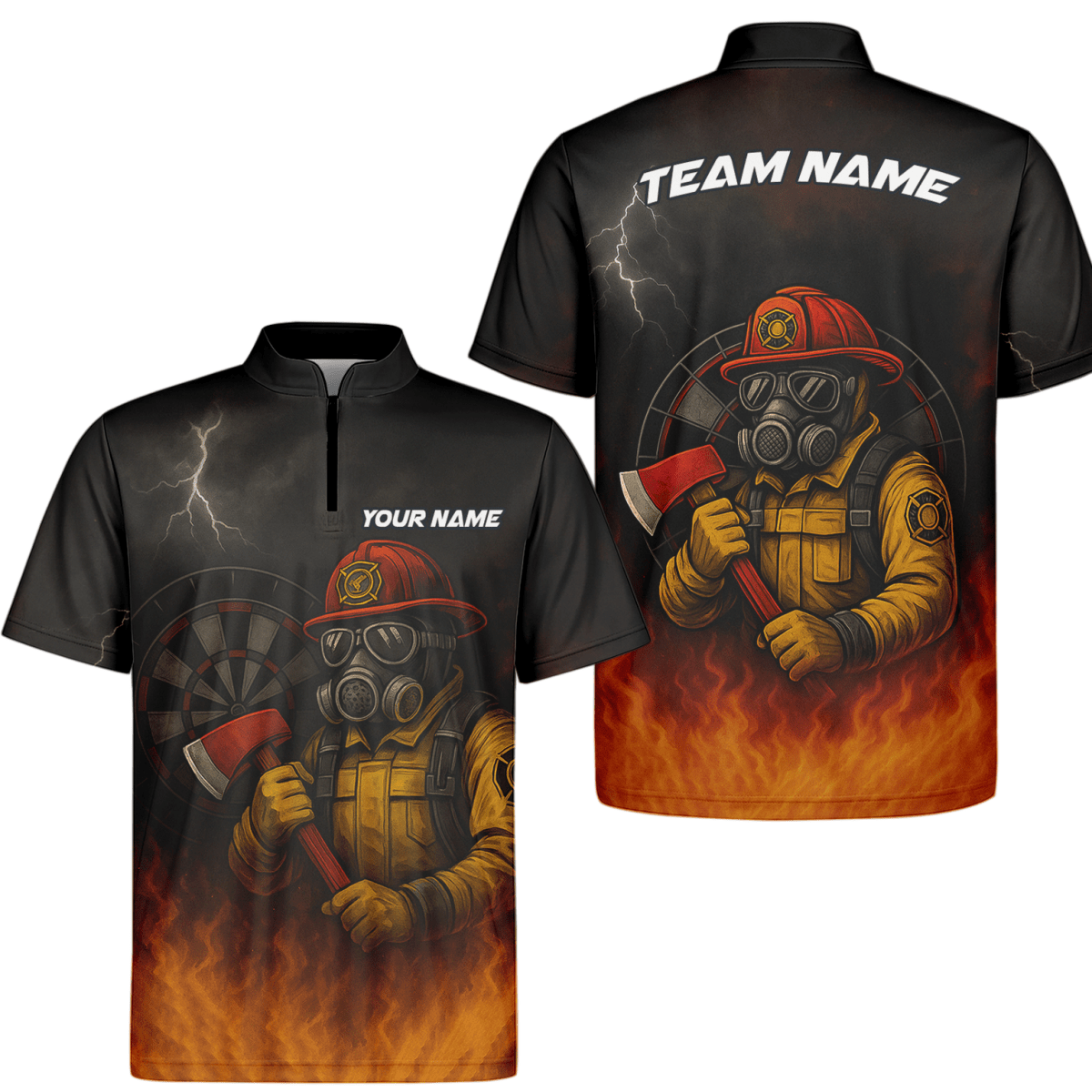 Personalisiertes Herren Dart Poloshirt Feuerwehr Axt Feuer Motiv Schwarz Orange mit eigenem Namen Team L4202 - Outfitsuche