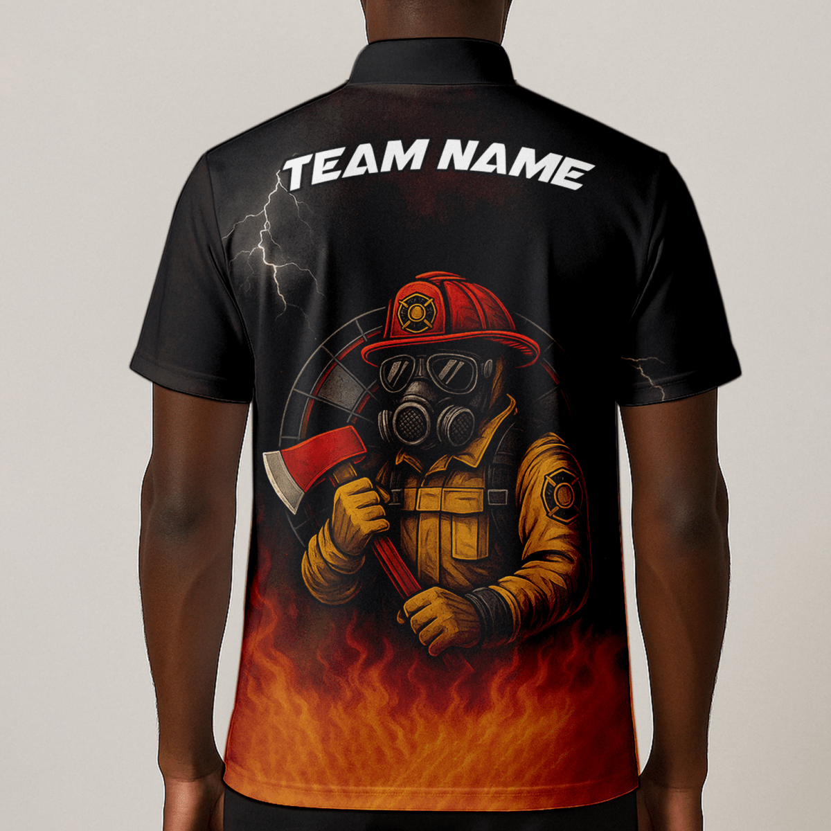 Personalisiertes Herren Dart Poloshirt Feuerwehr Axt Feuer Motiv Schwarz Orange mit eigenem Namen Team L4202 - Outfitsuche