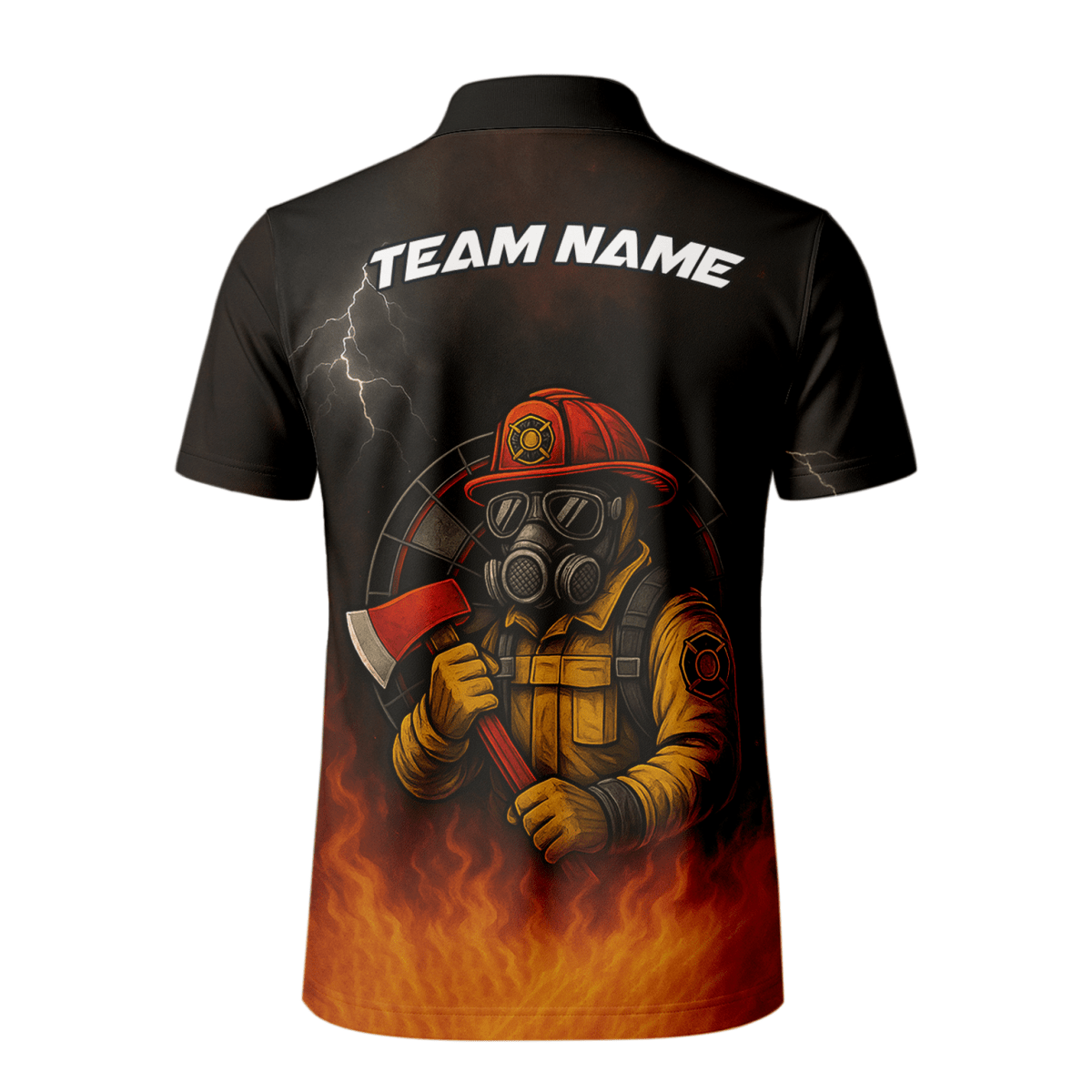 Personalisiertes Herren Dart Poloshirt Feuerwehr Axt Feuer Motiv Schwarz Orange mit eigenem Namen Team L4202 - Outfitsuche