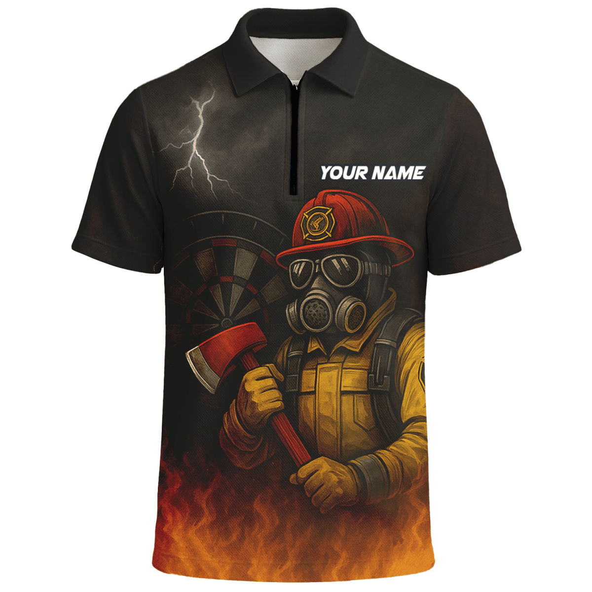 Personalisiertes Herren Dart Poloshirt Feuerwehr Axt Feuer Motiv Schwarz Orange mit eigenem Namen Team L4202 - Outfitsuche