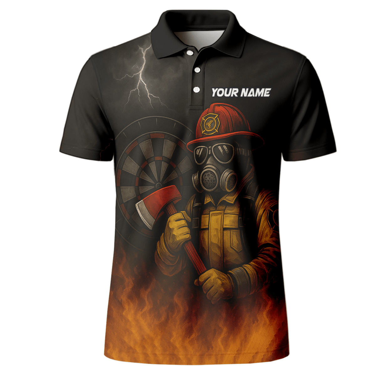 Personalisiertes Herren Dart Poloshirt Feuerwehr Axt Feuer Motiv Schwarz Orange mit eigenem Namen Team L4202 - Outfitsuche