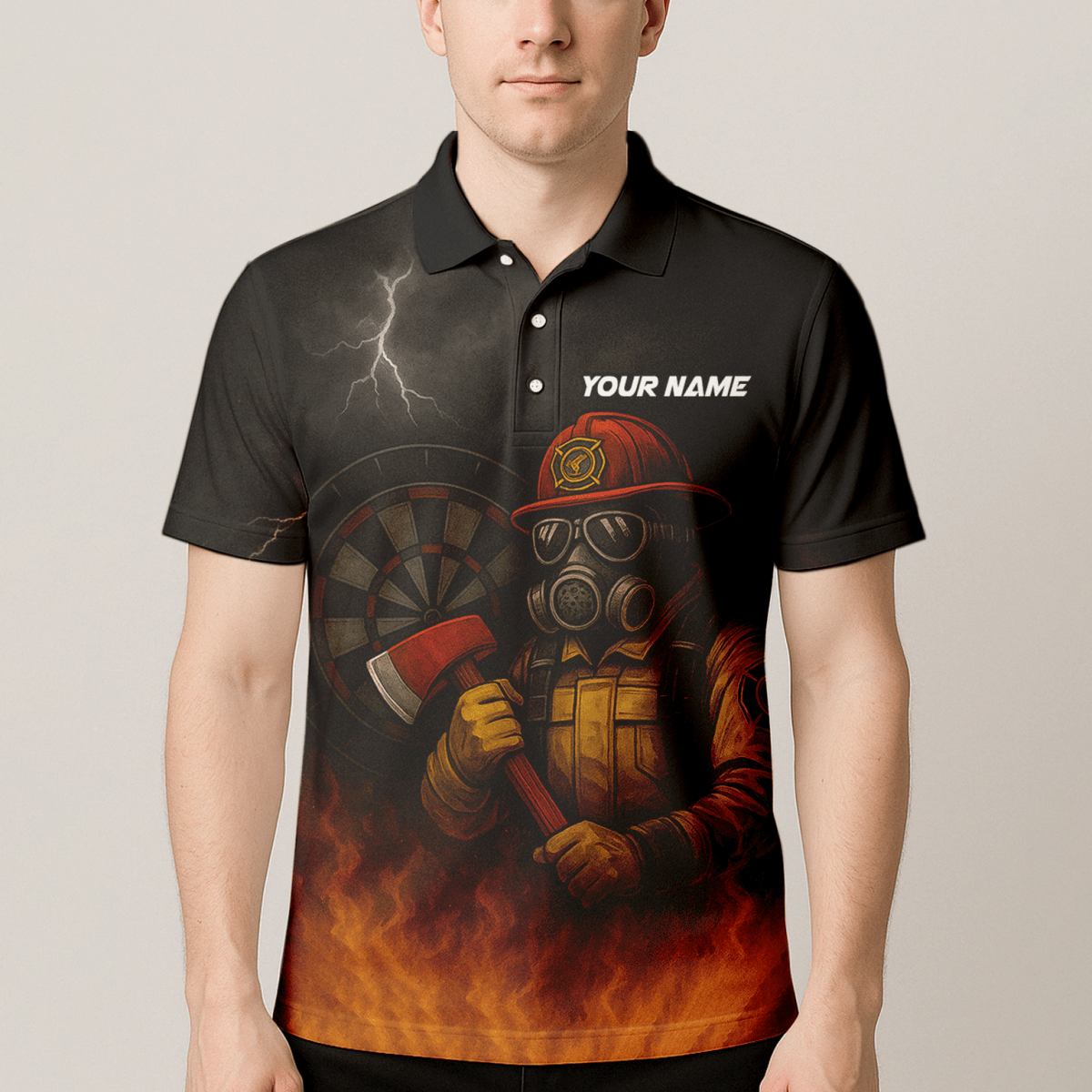 Personalisiertes Herren Dart Poloshirt Feuerwehr Axt Feuer Motiv Schwarz Orange mit eigenem Namen Team L4202 - Outfitsuche