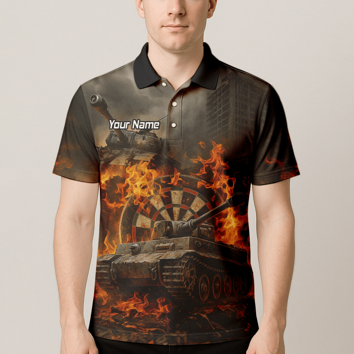 Personalisiertes Herren Dart - Poloshirt im Grunge - Stil mit Panzer - Flammen - Motiv Z8828 - Outfitsuche