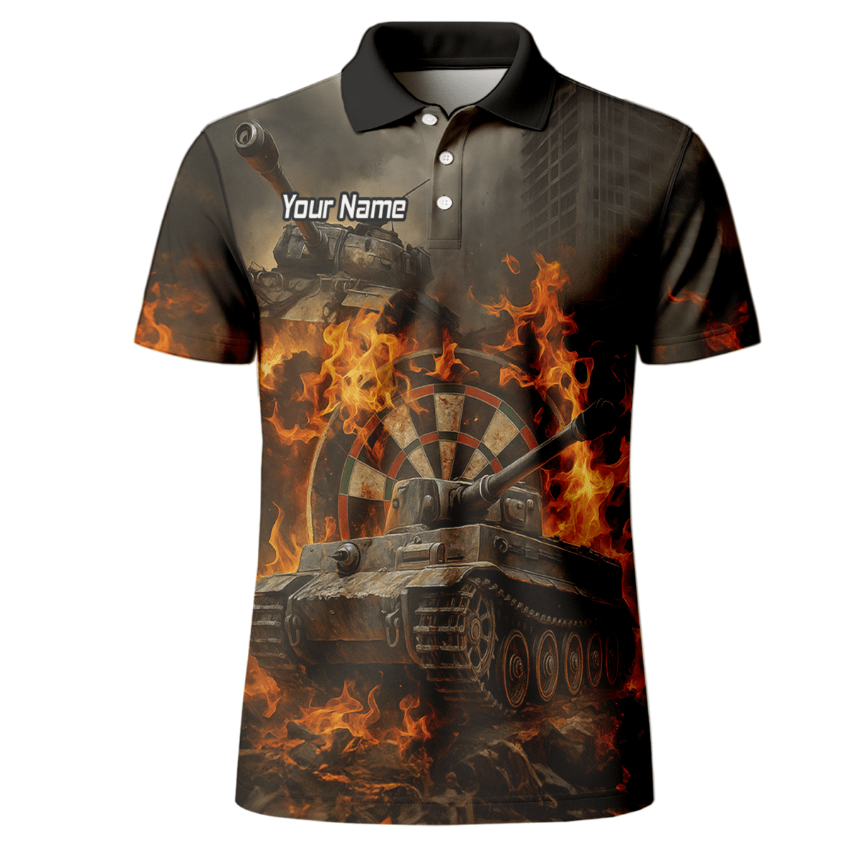 Personalisiertes Herren Dart - Poloshirt im Grunge - Stil mit Panzer - Flammen - Motiv Z8828 - Outfitsuche