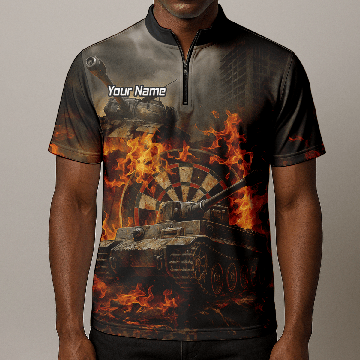 Personalisiertes Herren Dart - Poloshirt im Grunge - Stil mit Panzer - Flammen - Motiv Z8828 - Outfitsuche