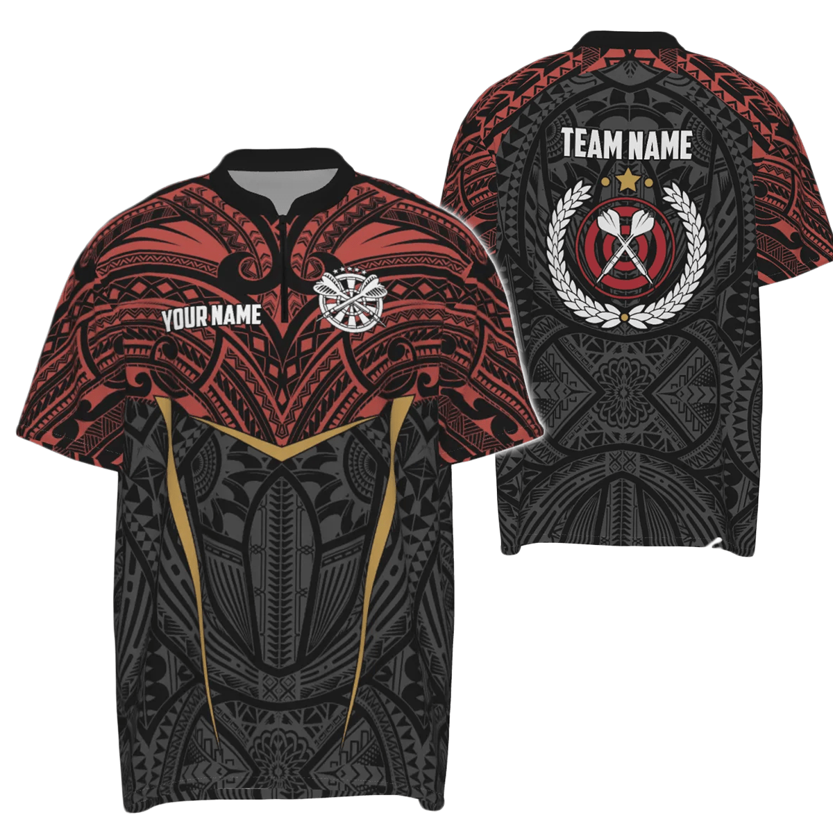 Personalisiertes Herren Dart-Trikot mit rotem gelbem Tribal-Muster, individuell anpassbares 1/4 Zip Dart-Team-Shirt Y94 - Outfitsuche