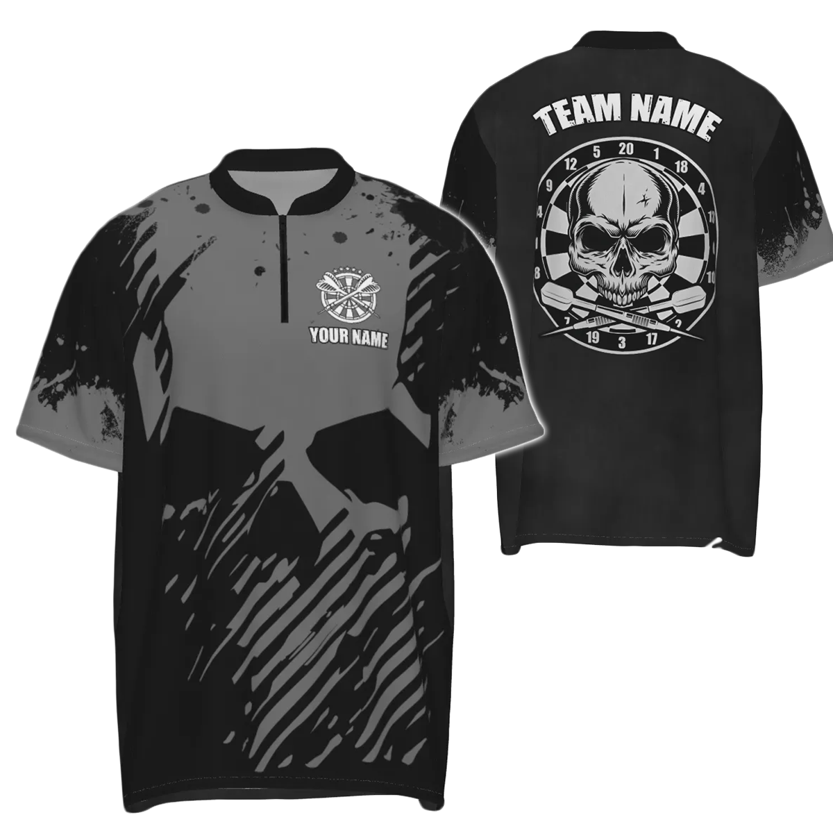 Personalisiertes Herren Darts Polo Shirt in Schwarz-Grau mit Grunge-Effekt, Totenkopf Darts Shirt für Männer, Dart Trikot R302 - Outfitsuche