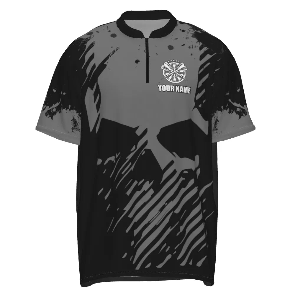 Personalisiertes Herren Darts Polo Shirt in Schwarz-Grau mit Grunge-Effekt, Totenkopf Darts Shirt für Männer, Dart Trikot R302 - Outfitsuche