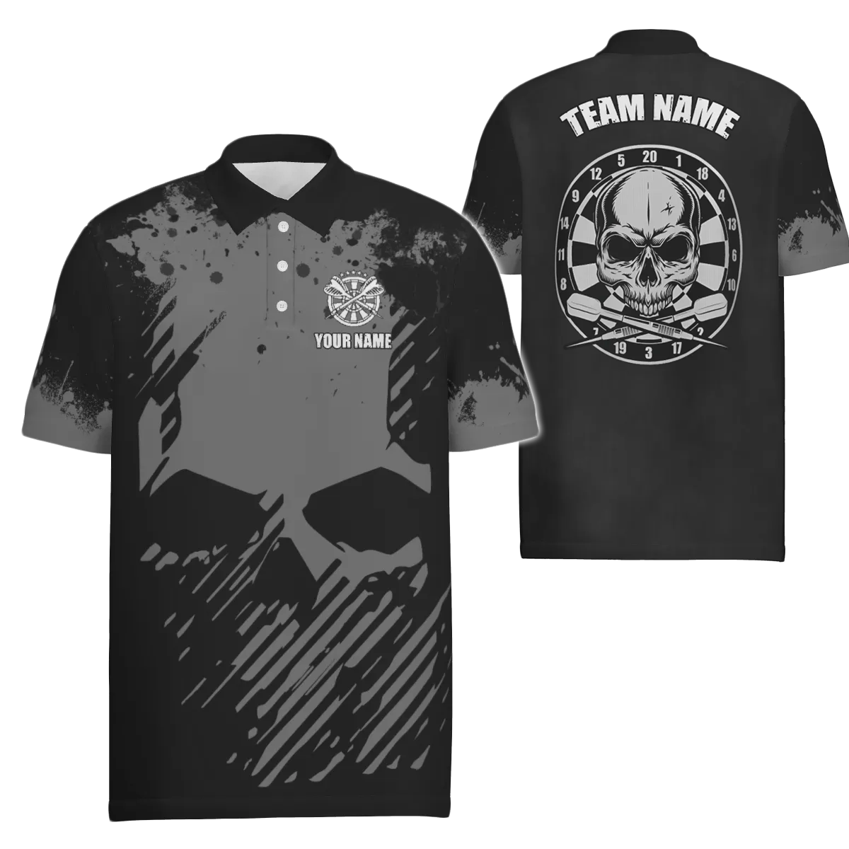 Personalisiertes Herren Darts Polo Shirt in Schwarz-Grau mit Grunge-Effekt, Totenkopf Darts Shirt für Männer, Dart Trikot R302 - Outfitsuche