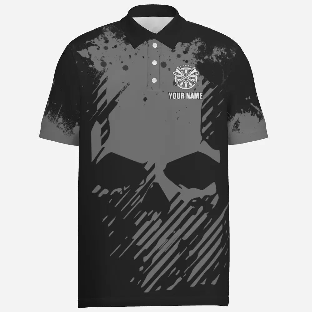 Personalisiertes Herren Darts Polo Shirt in Schwarz-Grau mit Grunge-Effekt, Totenkopf Darts Shirt für Männer, Dart Trikot R302 - Outfitsuche