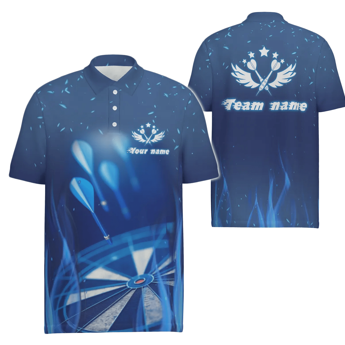 Personalisiertes Herren Darts Polo Shirt mit blauer Feuerflamme und Stern, individuell anpassbares cooles Darttrikot für Männer V481 - Outfitsuche