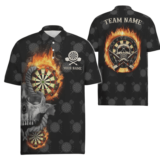 Personalisiertes Herren Darts Polo Shirt mit Flammen Totenkopf, individuell anpassbares verrücktes Darts Trikot für Männer J2483 - Outfitsuche