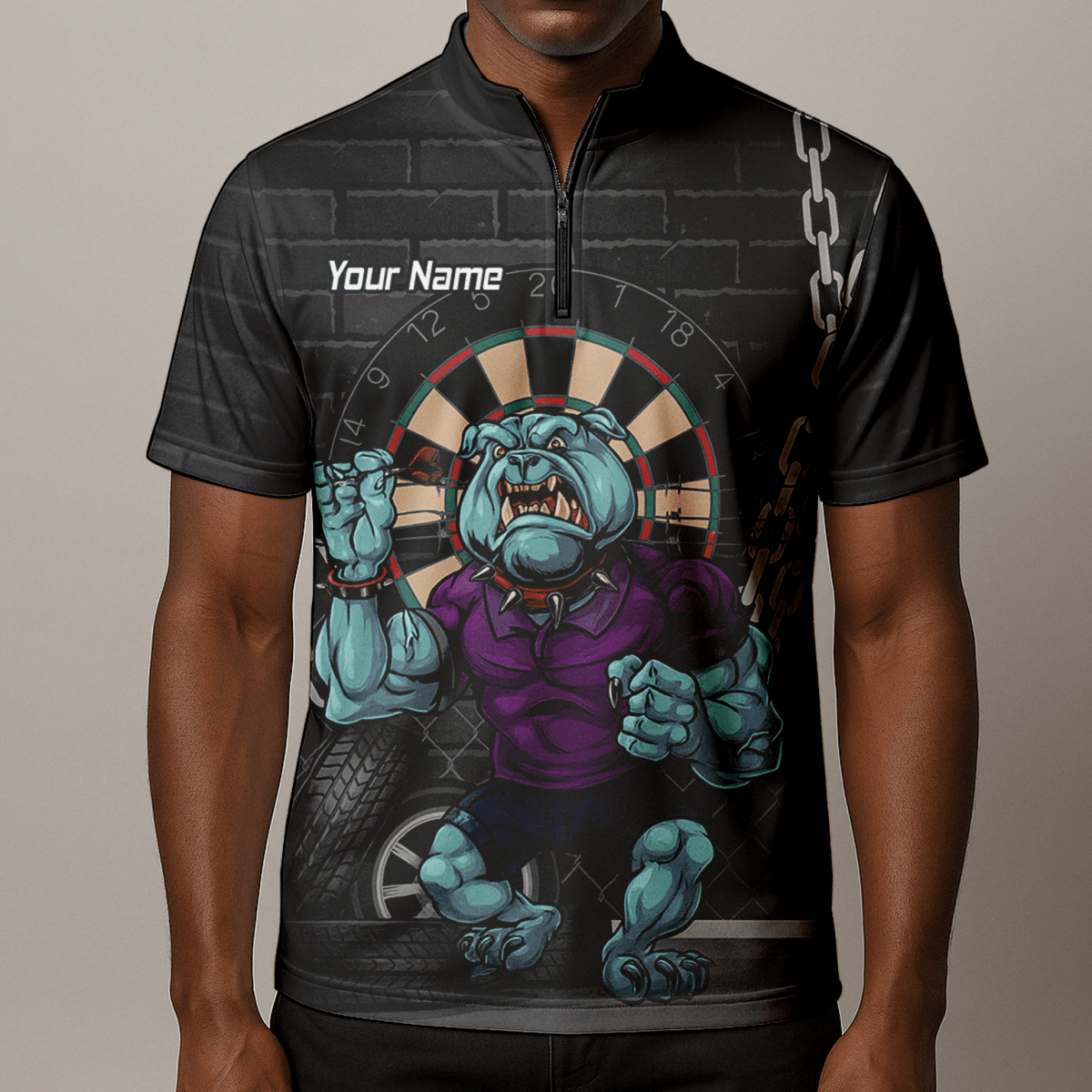 Personalisiertes Herren Darts Polo - Shirt mit Markantem Bulldoggen - Motiv (Schwarz/Blau/Lila) K4947 - Outfitsuche