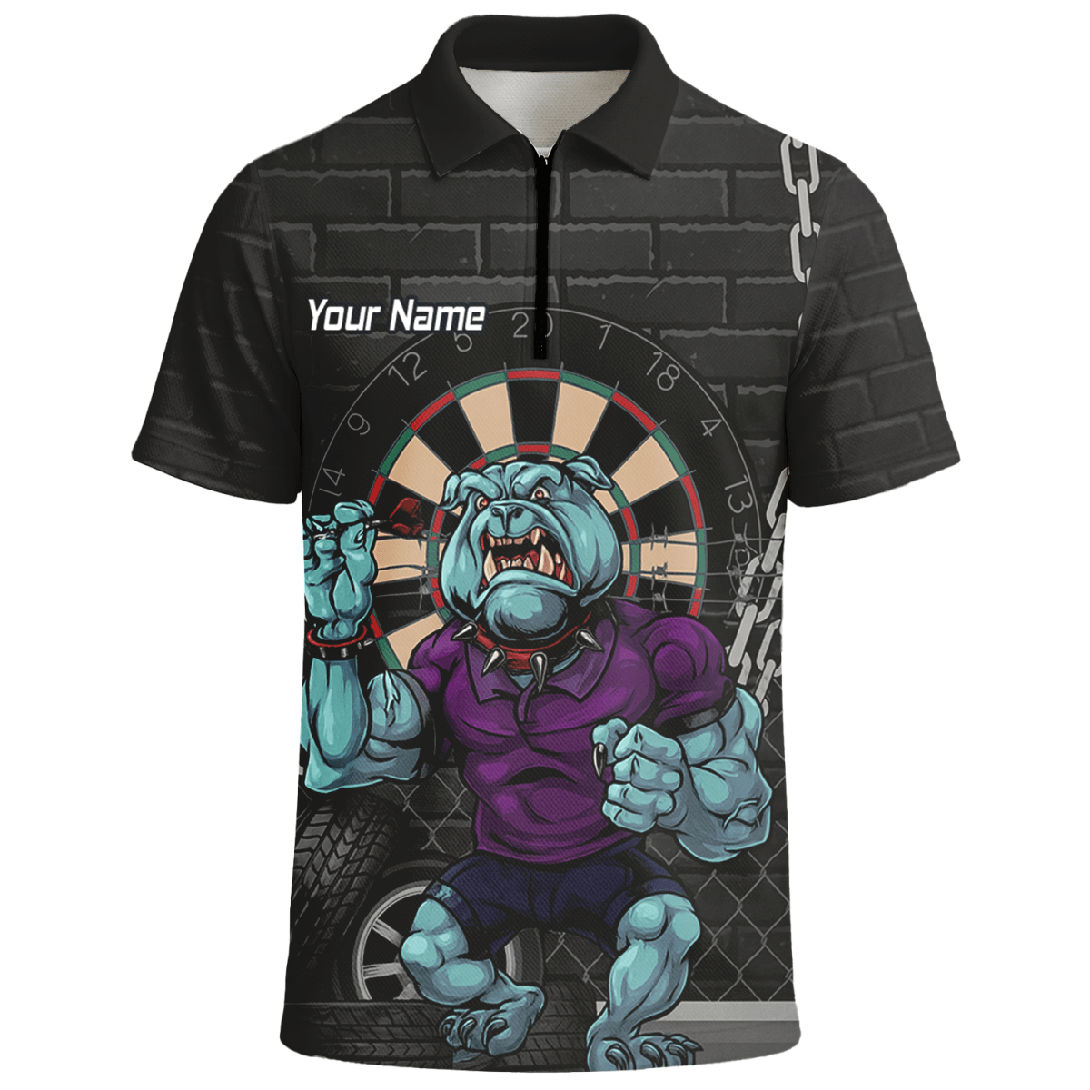 Personalisiertes Herren Darts Polo - Shirt mit Markantem Bulldoggen - Motiv (Schwarz/Blau/Lila) K4947 - Outfitsuche