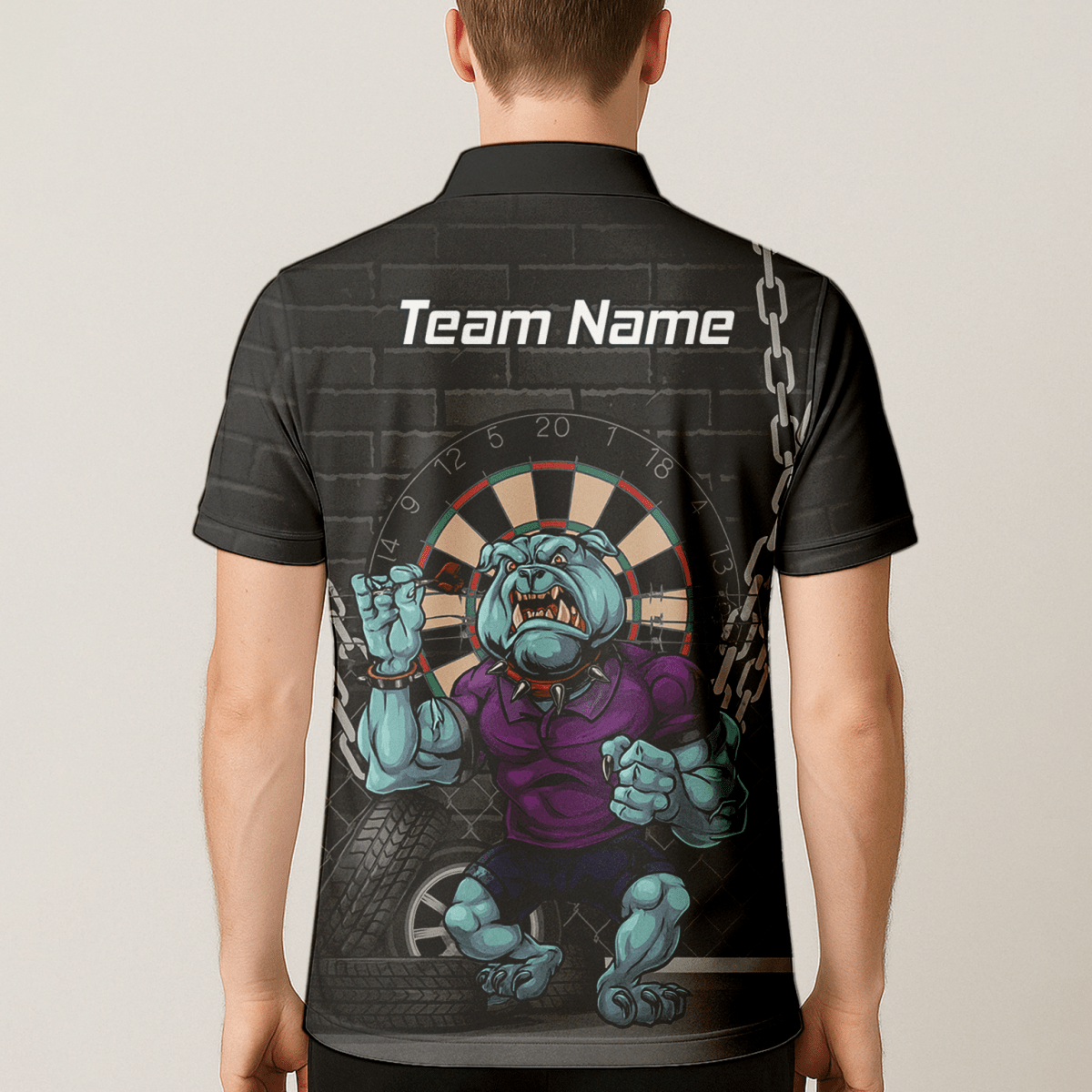 Personalisiertes Herren Darts Polo - Shirt mit Markantem Bulldoggen - Motiv (Schwarz/Blau/Lila) K4947 - Outfitsuche