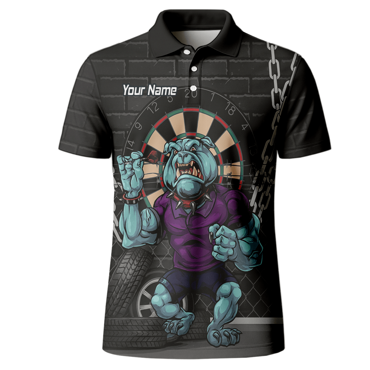 Personalisiertes Herren Darts Polo - Shirt mit Markantem Bulldoggen - Motiv (Schwarz/Blau/Lila) K4947 - Outfitsuche