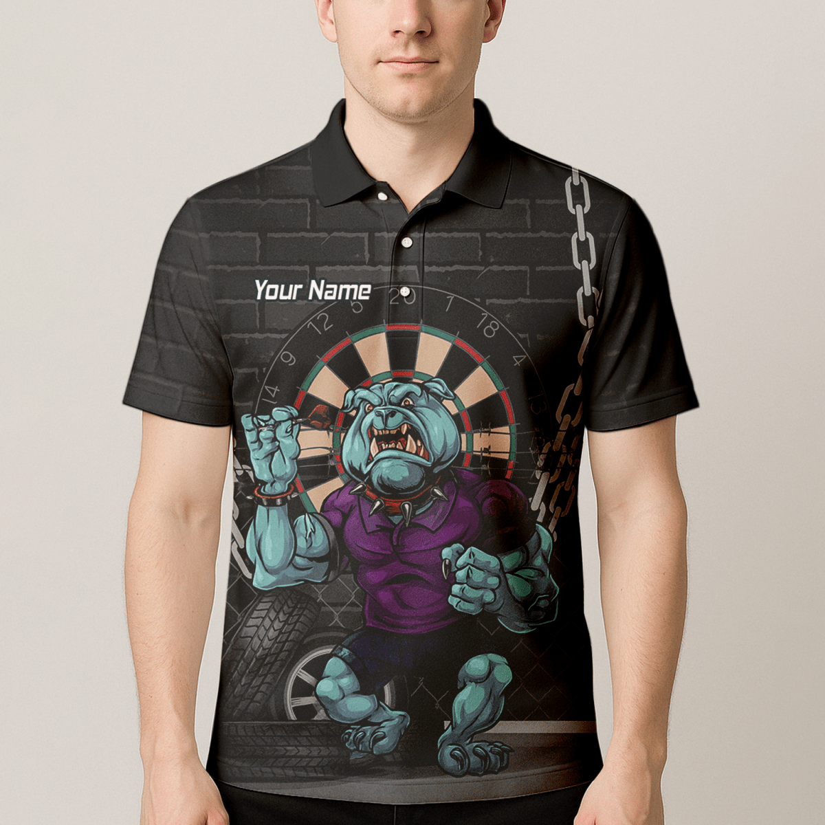 Personalisiertes Herren Darts Polo - Shirt mit Markantem Bulldoggen - Motiv (Schwarz/Blau/Lila) K4947 - Outfitsuche