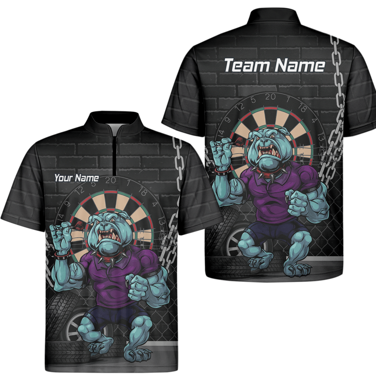 Personalisiertes Herren Darts Polo - Shirt mit Markantem Bulldoggen - Motiv (Schwarz/Blau/Lila) K4947 - Outfitsuche