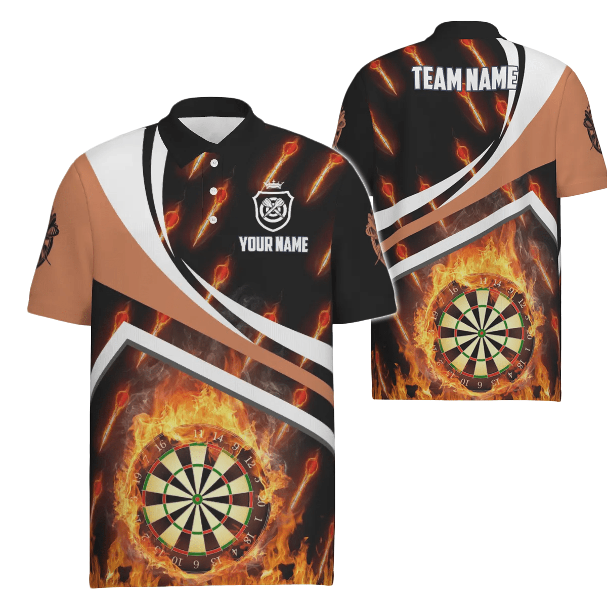 Personalisiertes Herren Darts Polo Shirt mit orangenem Feuerflammen-Motiv, Darts Shirt für Männer, Darts Trikot Z875 - Outfitsuche