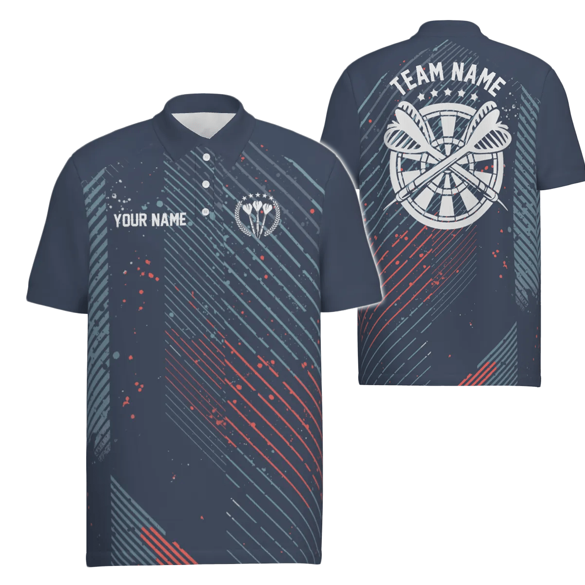 Personalisiertes Herren Darts Polo Shirt mit rotem blauem geometrischem Muster, Navy Darts Trikot für Männer C806 - Outfitsuche