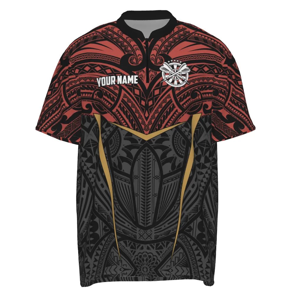 Personalisiertes Herren Darts Polo Shirt mit rotem gelbem Tribal-Muster, individuell anpassbare Dart-Trikots für Männer Y94 - Outfitsuche