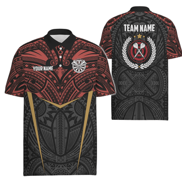 Personalisiertes Herren Darts Polo Shirt mit rotem gelbem Tribal-Muster, individuell anpassbare Dart-Trikots für Männer Y94 - Outfitsuche