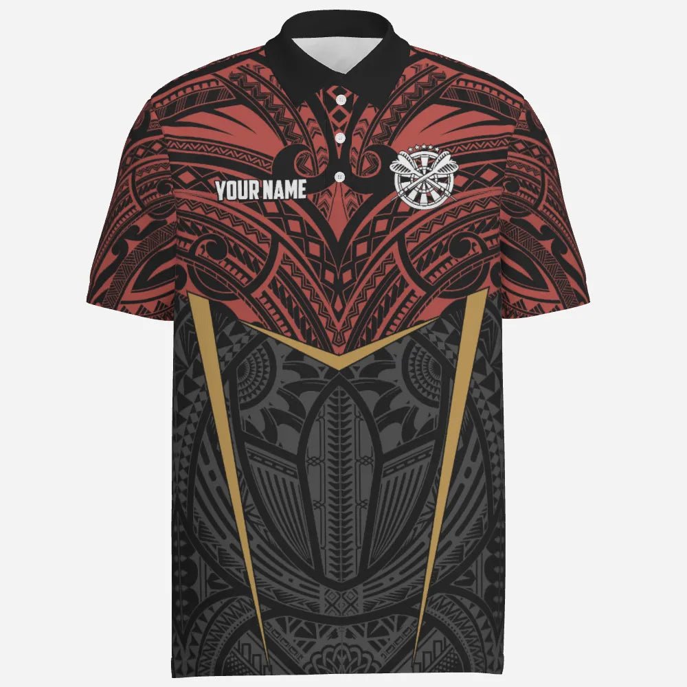 Personalisiertes Herren Darts Polo Shirt mit rotem gelbem Tribal-Muster, individuell anpassbare Dart-Trikots für Männer Y94 - Outfitsuche